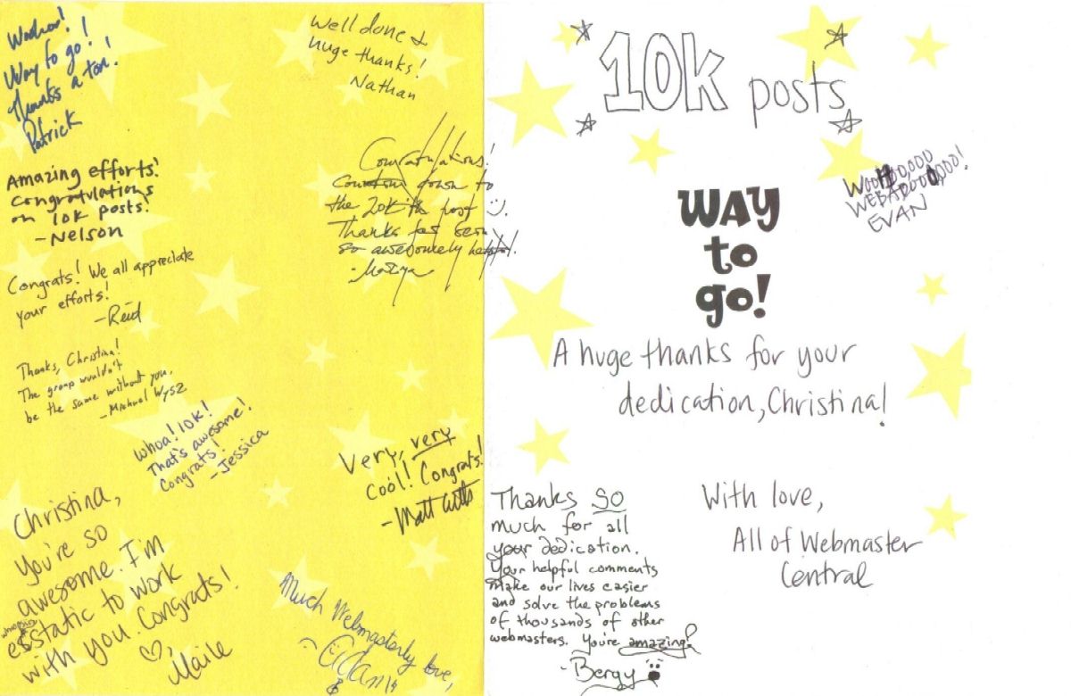 Card received and signed by many Googlers to commemorate 10000 post in Google Webmaster Help Group